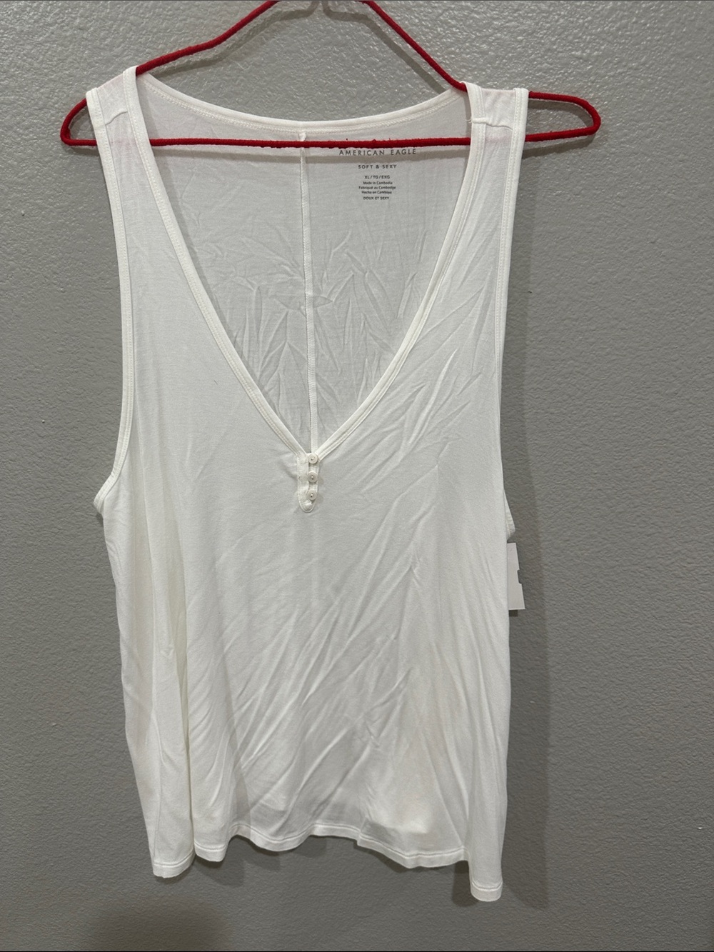 American Eagle Outfitters White V-Neck Tank with Button Accent